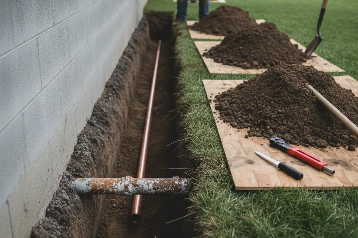 Excavated water line trench during Sewer Line Repair in Stringer